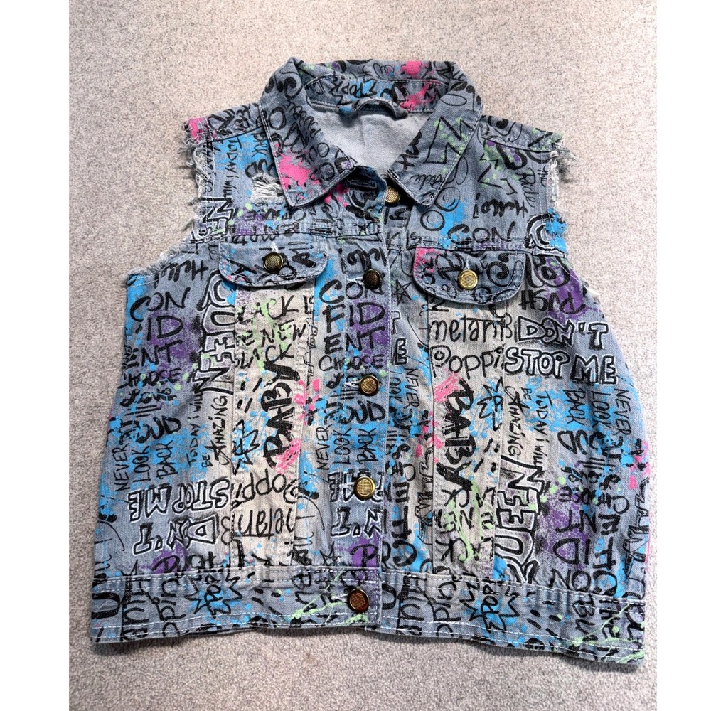 Girls Graffiti Print‎ Denim Vest Snap Front Raw Edge Jean Jacket 15x16